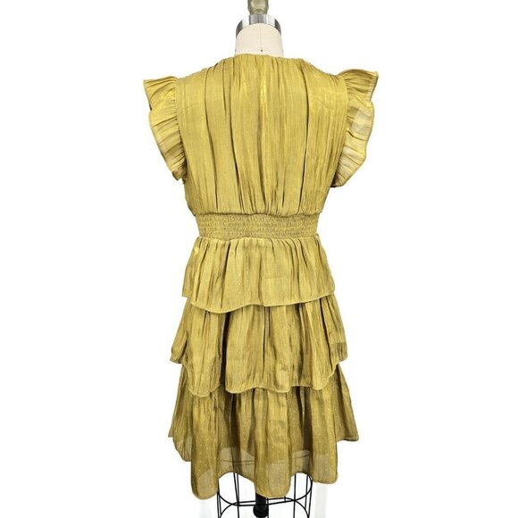 New Ciebon Persia Metallic Stripe Ruffle Dress Womens S Yellow Mini Tiered - Picture 6 of 9